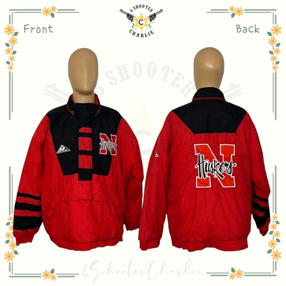 Vintage Apex One 90s Nebraska Huskers University Pullover Red Puffer Coat Mens L